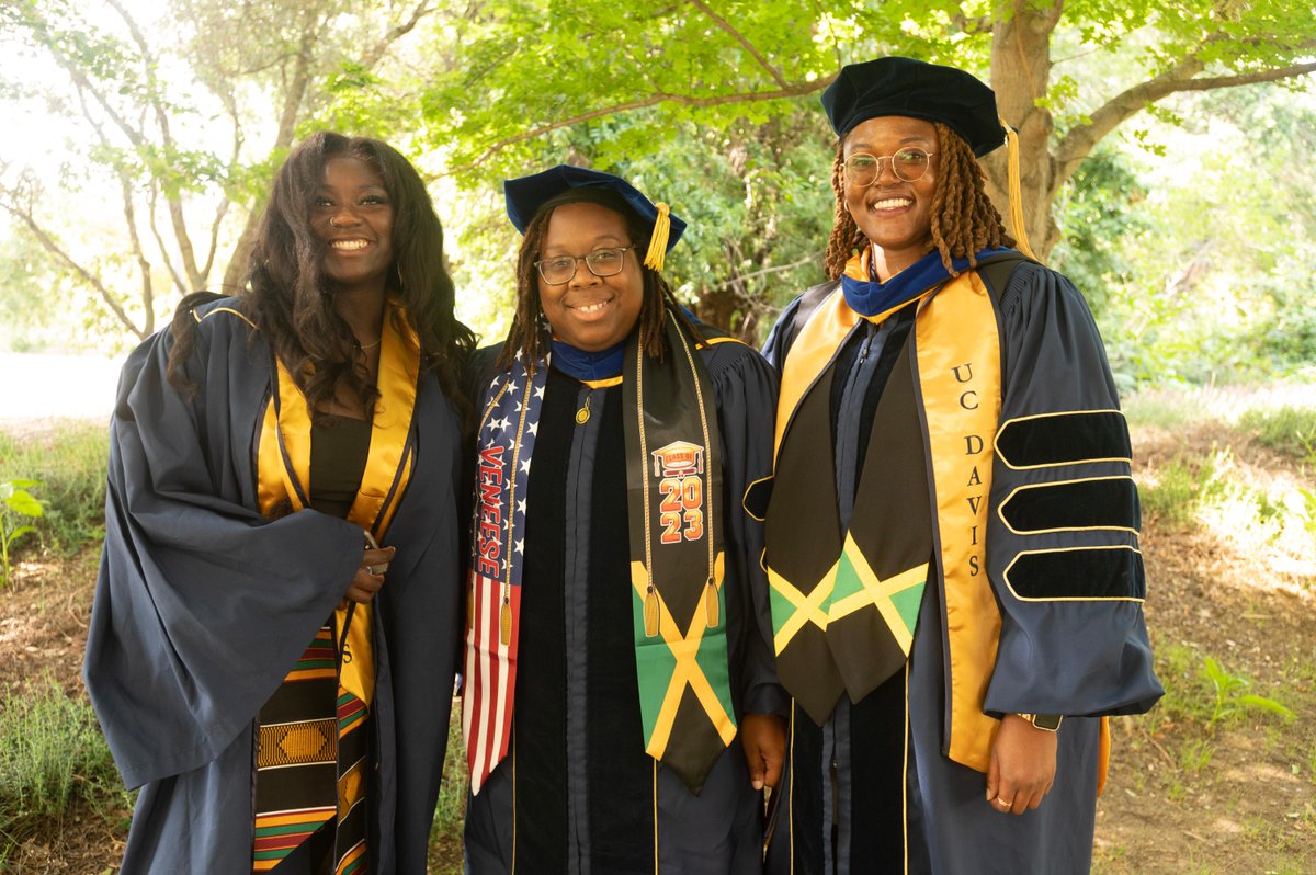 ucdavis's tweet photo. Image descriptions:
1: Three graduates wearing commencement regalia smiles at the camera.
2: Students wearing commencement regalia walk into the commencement ceremony.
3: Students wearing commencement regalia takes a selfie in the lobby of the Mondavi Center. https://t.co/5tL3kRhH2X