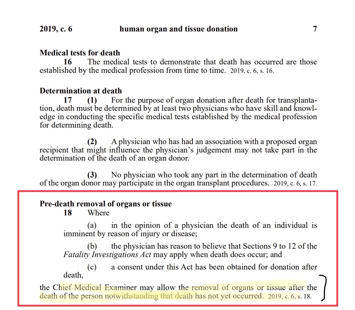 Here it is: The legislation that allows Canada/New Brunswick to become global pioneers in “pre-death removal of organs or tissue”.

The way I read it: brain death allows doctors to rely on deemed consent to start removing patient’s organs.
 
Oh Canada😔

nslegislature.ca/sites/default/…
