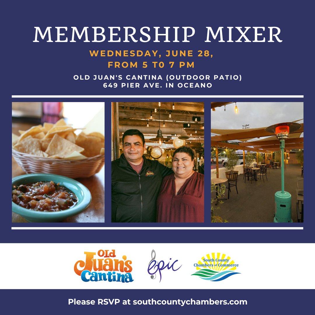 CountyChambers's tweet photo. Chamber members: Enjoy networking, appetizers, wine, and music at the next Membership Mixer on Wednesday, June 28th, from 5 pm to 7 pm. This event will be hosted by Old Juan's Cantina on their outdoor patio. RSVP here: https://t.co/qBeaOo64La https://t.co/QNVnQofj8c