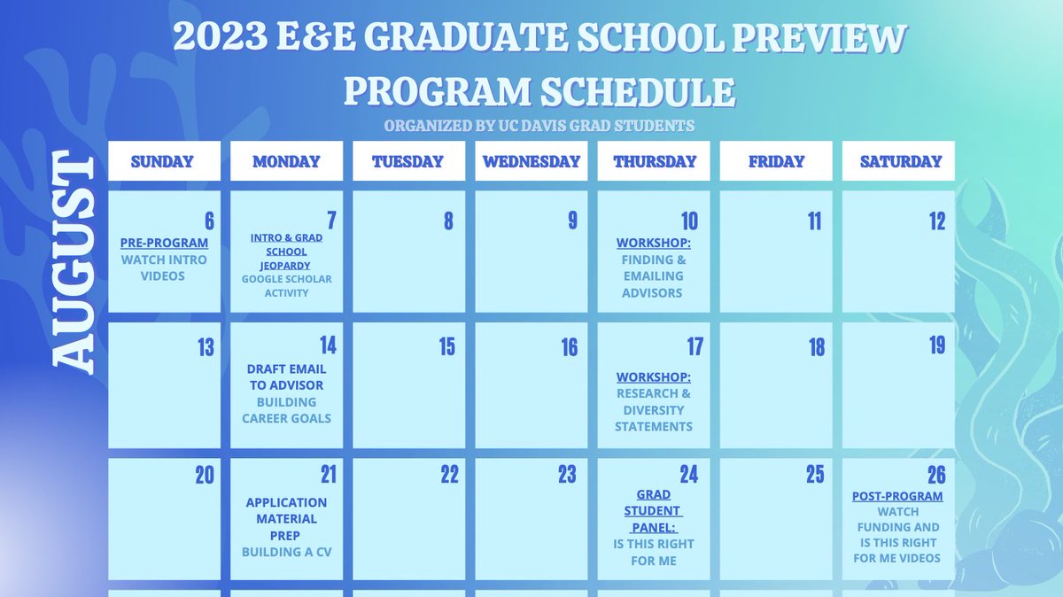 Happy Friday!!!🪸🌿🔬 2023 Ecology & Evolution Graduate School Preview Program schedule just dropped 👀 With the deadline fast-approaching (July 9th), be sure to submit your application! Apply to learn about grad school and how to navigate the application process✍️