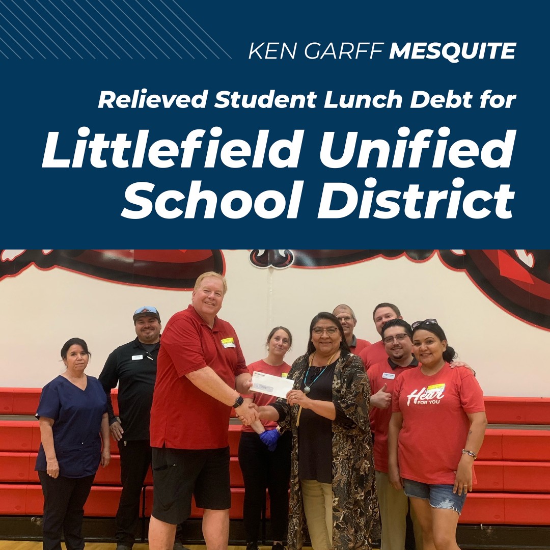 kengarff's tweet photo. Our team at Ken Garff Mesquite Ford paid off the entire collective lunch debt of students at local Littlefield Unified School District as part of their latest #WH4Y project! The team also served lunch at Littlefield United schools! https://t.co/E6oPHoq4u5