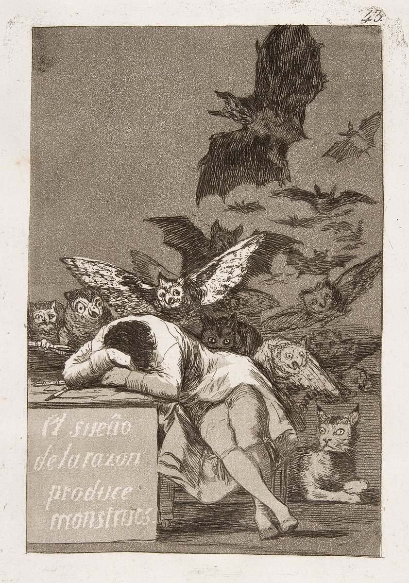 Francisco de Goya y Lucientes - El sueño de la razon produce monstruos [The Sleep of Reason Produces Monsters], from 'Los Caprichos' [The Caprices] - 1799 - etching, aquatint, drypoint, & burin, printed on paper - 11 5/8' x 8 1/4' (29.5 x 21 cm) - Metropolitan Museum of Art, NYC