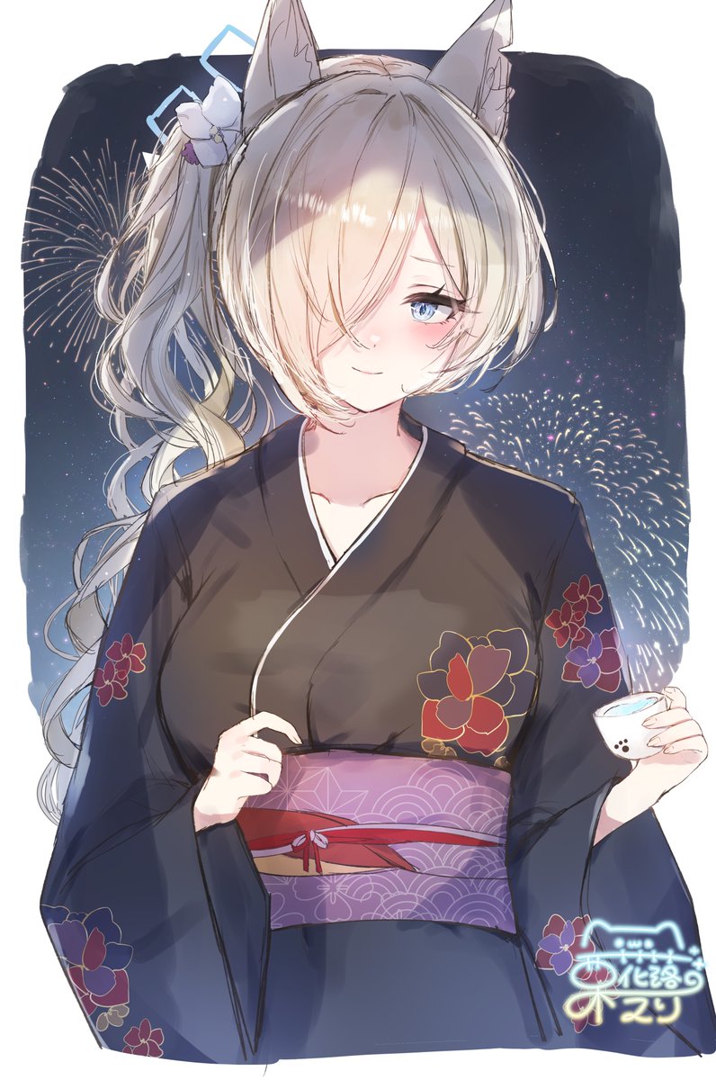 1girl japanese clothes animal ears kimono hair over one eye halo cup  illustration images