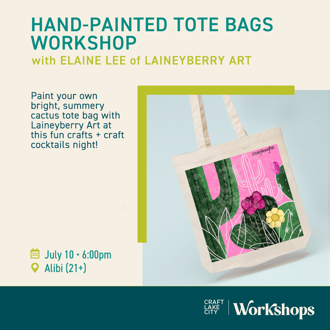 craftlakecity's tweet photo. Just a few spots remain in our Hand-Painted Tote Bags Workshop on July 10! You won’t want to miss this fun class taught by local artist @laineyberryart teaching you good tips for painting on fabric as you make a beautiful new tote!

Register here: https://t.co/8C7jozA0D3 https://t.co/r9wdkeUBjR