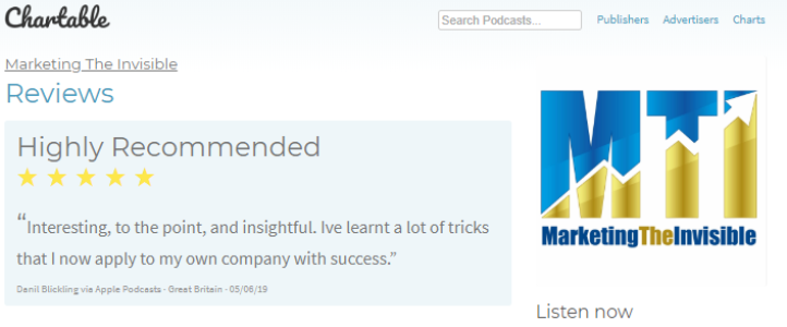 Highly Recommended
⭐⭐⭐⭐⭐

Thank you for your heartwarming support for Leadsology's Marketing The Invisible

Catch the MTI via Apple Podcast: lnkd.in/fg6Dhw3

Or visit lnkd.in/fu5Kjud