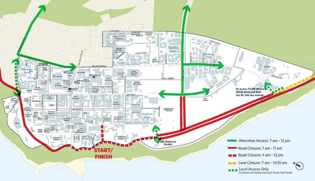 🚧 Important Notice!🏃‍♀️🏃‍♂️ Please be aware of upcoming road closures on the UBC Vancouver Campus due to the Vancouver Half Marathon on June 25. 
These closures may affect your travel routes. For complete details and to plan accordingly, visit: bit.ly/3r3Uxi4.