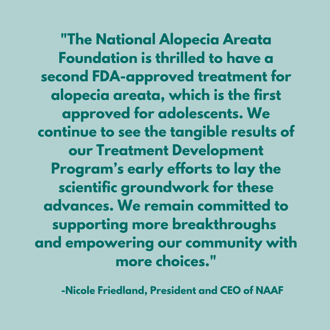 NAAF_org's tweet image. BREAKING NEWS: 
Today, the U.S. Food and Drug Administration (FDA) approved LITFULO™ for severe alopecia areata, marking the second FDA-approved treatment for this disease, and the first approved for children ages 12 and up. 

Learn more: ow.ly/iXRT50OWirG