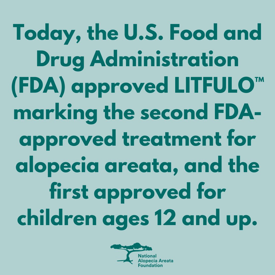 NAAF_org's tweet image. BREAKING NEWS: 
Today, the U.S. Food and Drug Administration (FDA) approved LITFULO™ for severe alopecia areata, marking the second FDA-approved treatment for this disease, and the first approved for children ages 12 and up. 

Learn more: ow.ly/iXRT50OWirG
