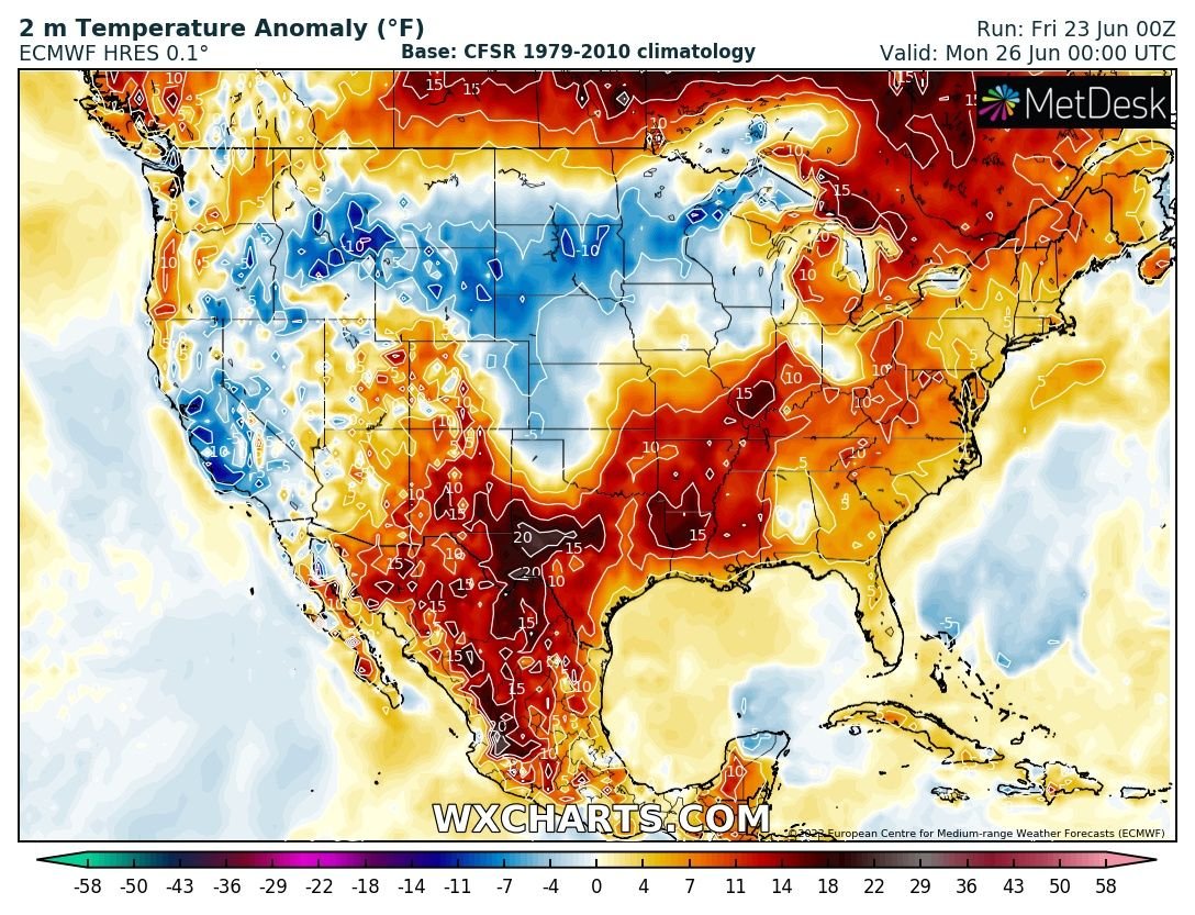 Unfortunately the extreme heat is here to stay in Mexico and Texas and it's even here to expand to  Oklahoma next days.
In Mexico the heat will also intensify sharply in the West. Temperatures in Hermosillo,Sonora can reach record levels on Sunday (48C/50C).