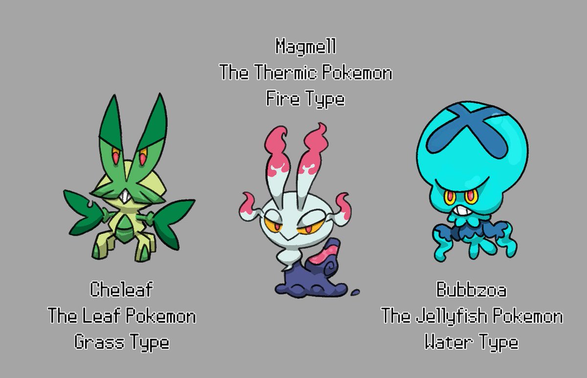 Wanted to share some new starters I'm working on for #FakemonFriday for this new story concept I'm really enjoying. I cleaned up my previous linework and settled on the final colours. #fakemon
