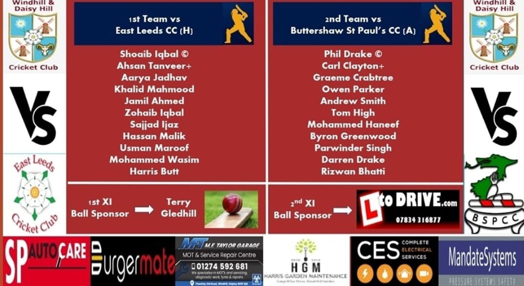 Windhill & Daisy Hill CC (@whdhcc) on Twitter photo Teams for this weekends games. 1st looking to build on last weeks win with a home game against <a href="/eastleedscc/">East Leeds CC</a> whilst the seconds make the short trip to @BSPCC_2023 #upthehill Teams for this weekends games. 1st looking to build on last weeks win with a home game against <a href="/eastleedscc/">East Leeds CC</a> whilst the seconds make the short trip to @BSPCC_2023 #upthehill