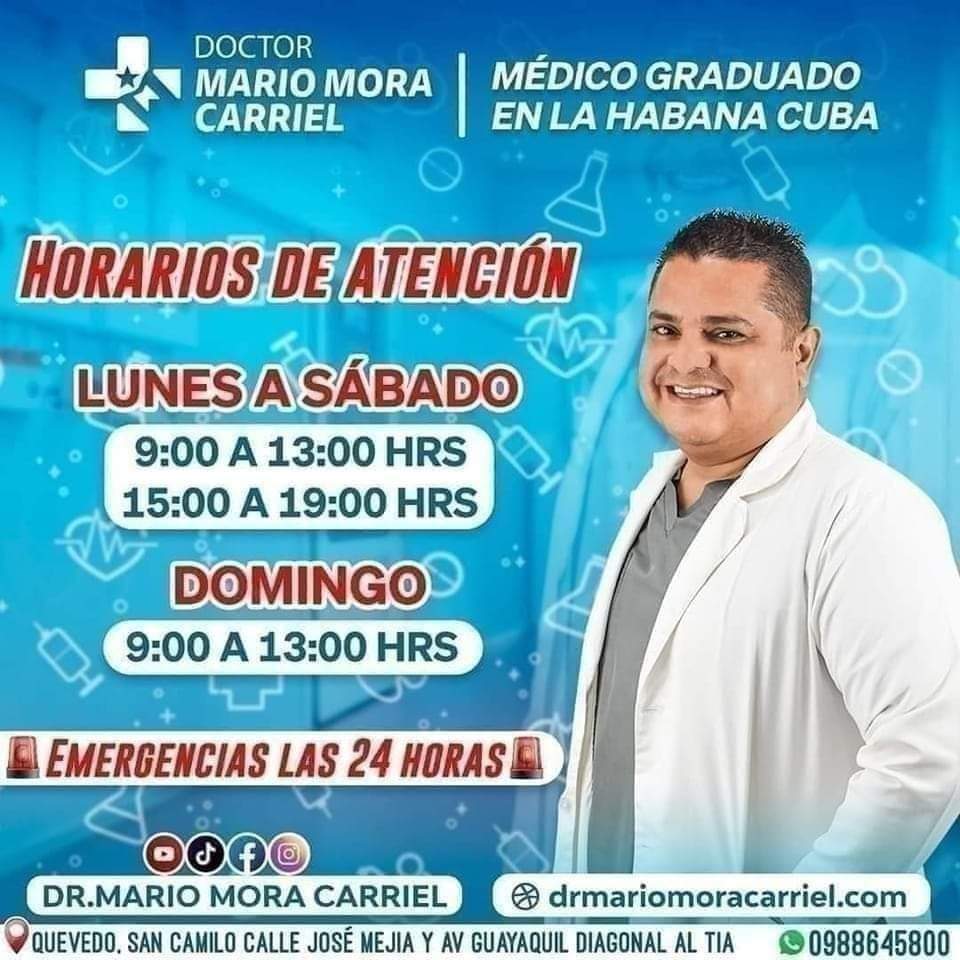 #Quevedo #losrios #ecuador #DrMarioMoraCarriel #tuconsultorioenlinea #COVID19 #secuelascovid19 #VacunasCOVID19 #secuelasvacunascovid19 #hipertensionarterial #cancer #infecciones #Dengue #InfeccionesRespiratorias #infeccionesurinarias #infeccionesintestinales #diabetes