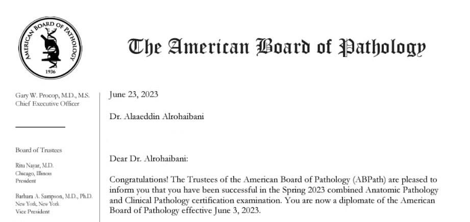 اللهم لك الحمد كما ينبغي لجلال وجهك وعظيم سلطانك Excited to announce that I am now officially board-certified in Anatomical and Clinical Pathology! 🔬 #abpath #pathboards