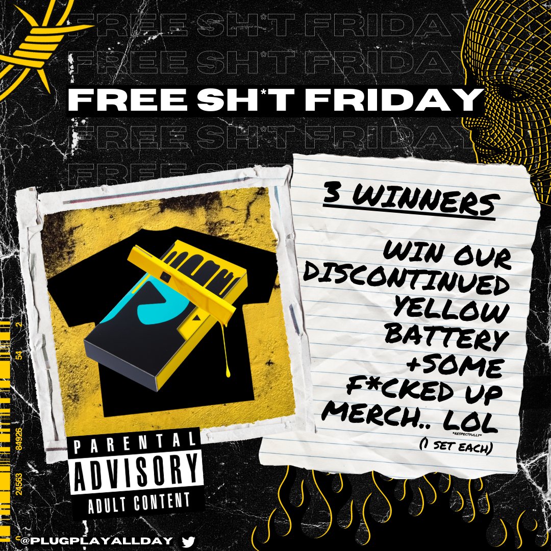 plugplayallday's tweet photo. 🟡FREE SH*T FRIDAY🟡

We're giving 3 followers a chance to win our DISCONTINUED YELLOW BATTERY! (1 set each)

To Enter:
1) Must be following @plugplayallday 
2) RT+Like this post

📢US participants only
🚫NO CANNABIS INCLUDED
🏆Winners announced June 28th https://t.co/PyPpUgA6NS