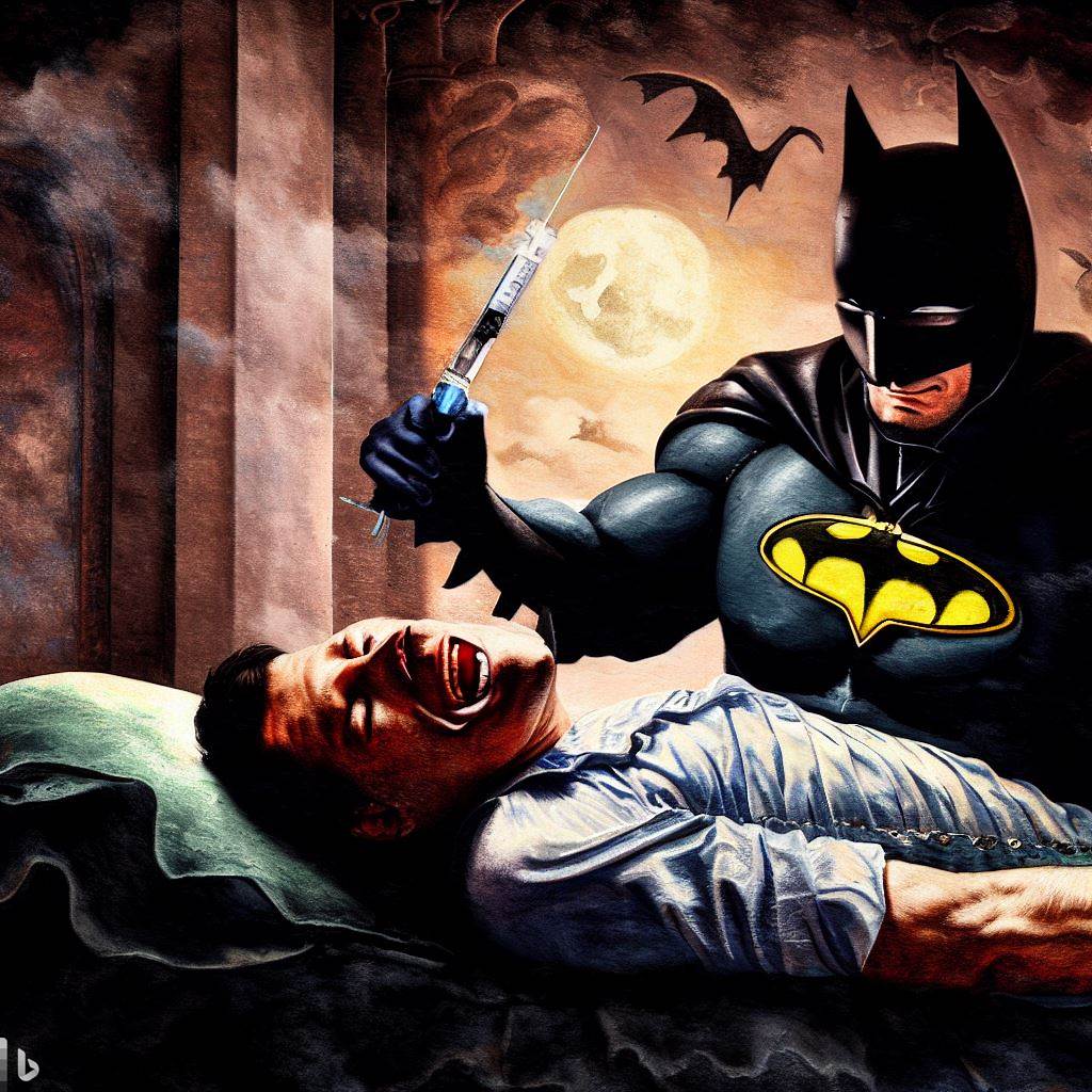 NicolasWilson's tweet photo. Is Batman the kind of dad/crimefighter who finds you with a needle full of something and makes you inject the whole syringe? You'll have to read my DC Reboot Pitch for Batman: Love in Madness to find out: https://t.co/snkM8sACM6 https://t.co/kDhkiZ75PZ