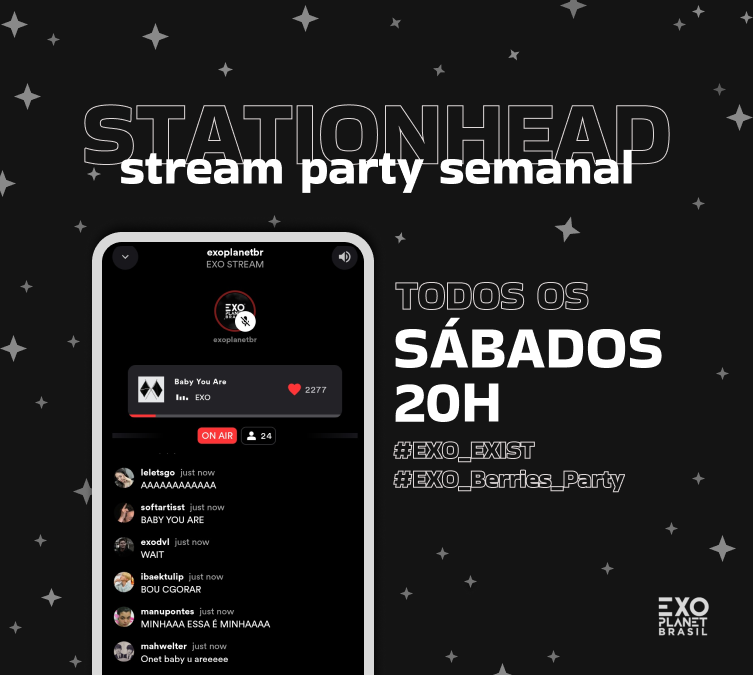 [⚠️] CONVOCANDO TODOS OS BERRIES!! TEMOS ENCONTROS SEMANAIS MARCADOS.

Vocês escolheram e nossas stream parties semanais acontecerão TODOS OS SÁBADOS as 20H! 
Com o comeback já com data, daremos o nosso melhor pelo EXO!

#EXO #EXO_EXIST 
#EXO_Berries_Party 
<a href="/weareoneEXO/">EXO</a>