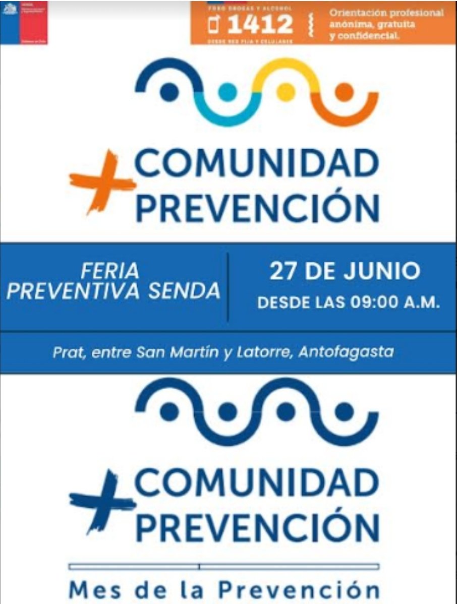 SENDA_Antofa's tweet photo. ATENCIÓN📢 Invitamos a todos y todas a la Feria de la Prevención de SENDA #Antofagasta, este martes 27 de junio a partir de las 09:00 hrs.
📍Los esperamos en Prat con San Martín #MásComunidadMásPrevención
¡Nos vemos! 🙌🤩 https://t.co/eeyJHgsZil