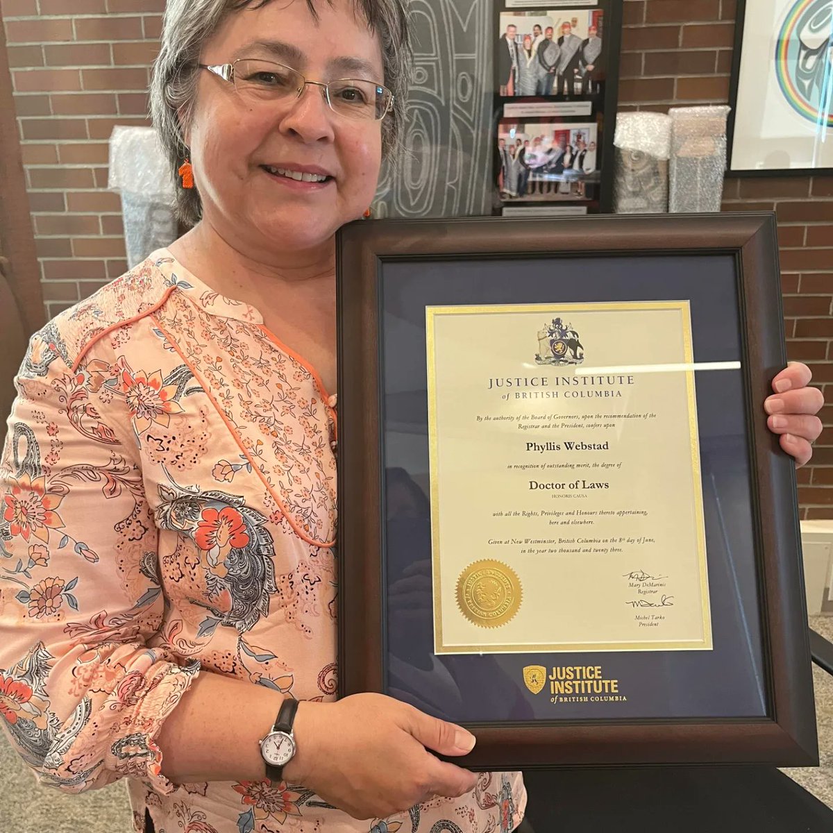 OrangeShirtSoc's tweet photo. Orange Shirt Society would like to take a moment to recognize Phyllis Mabel Jack-Webstad, who has bestowed an Honorary Doctorate of Laws degree on Thursday, June 8, 2023, at the Justice Institute of British Columbia. This is said to be the first time in over 40 years of https://t.co/lAcdrNbyE7