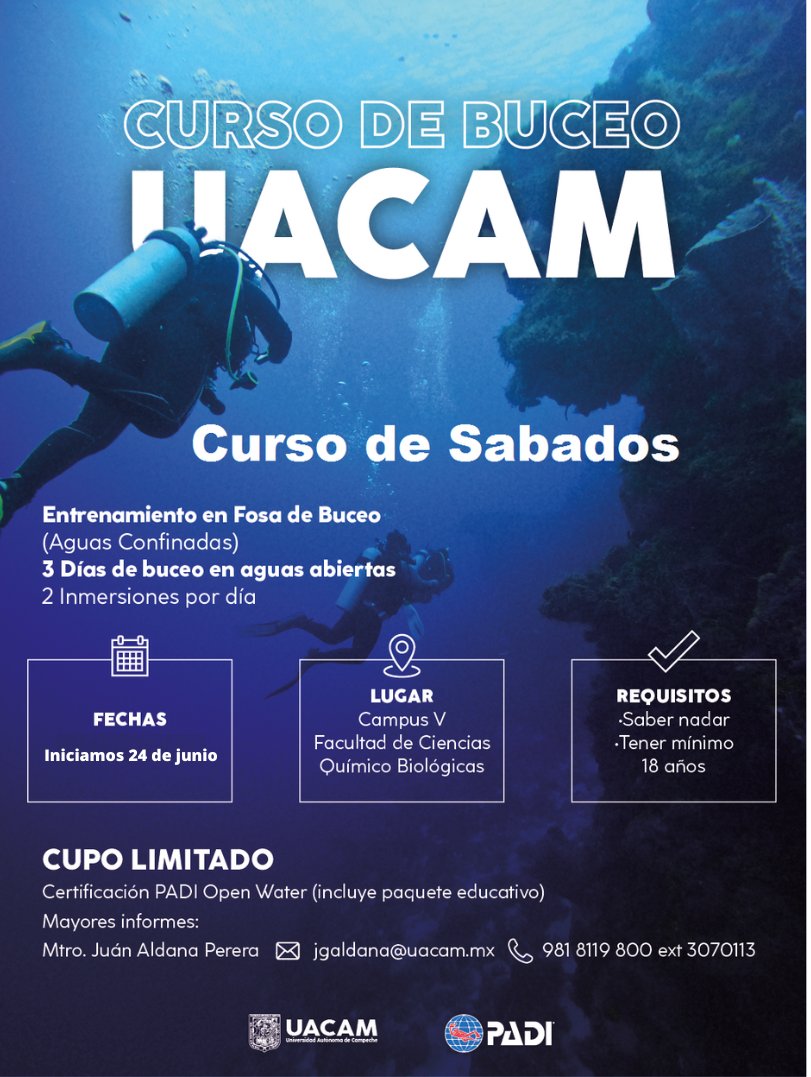 #Curso #buceo

Modalidad sabatina.
Inicio: 24 de junio
Sede: <a href="/UAC_FCQB/">UAC - FCQB</a> 
informes: Mtro. Juan Aldana Perera (jgaldana@uacam.mx)
Teléfono: 981 811 9800 extensión 3070113