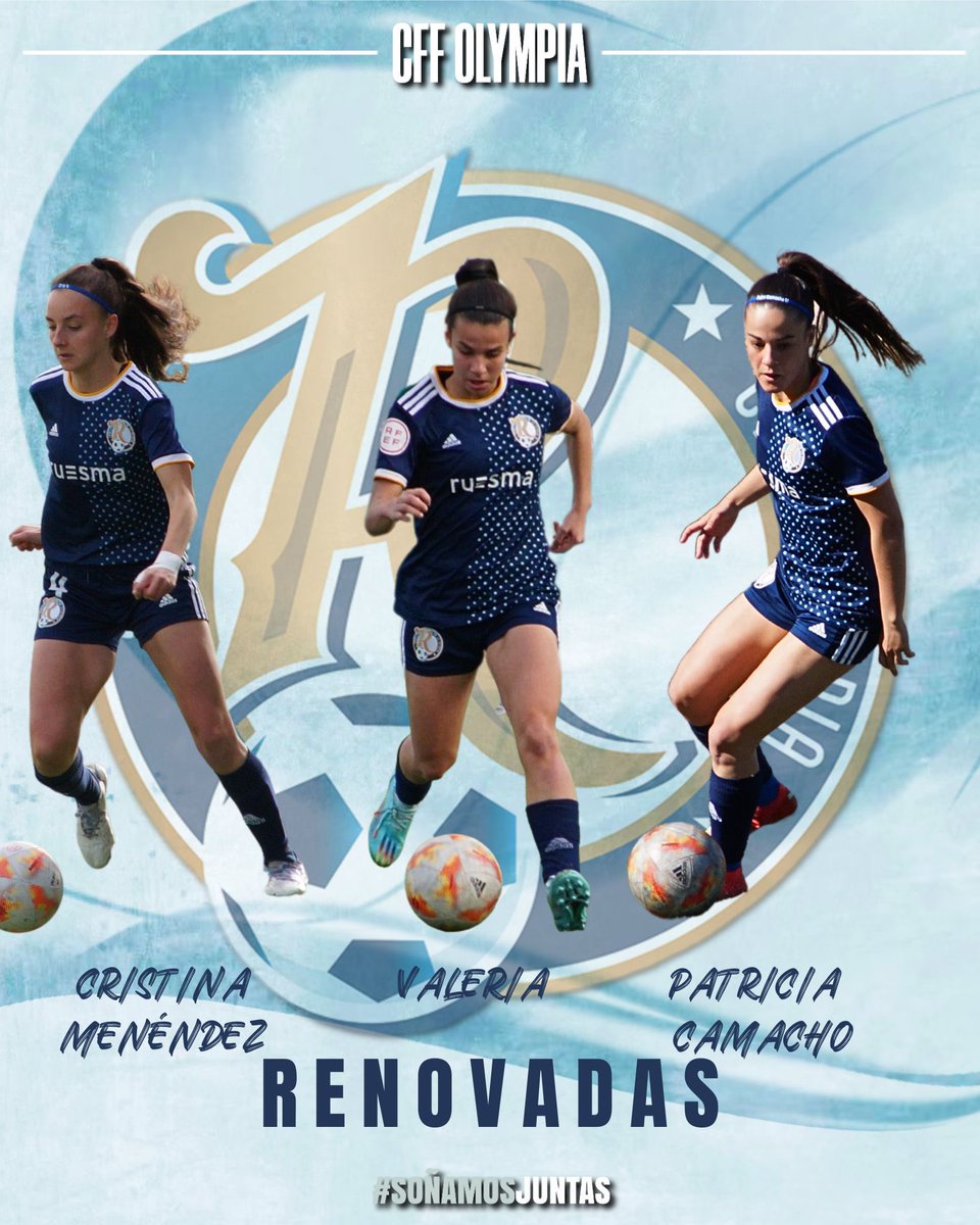 cff_olympia's tweet photo. RENOVACIÓN* 🤝

Estamos de suerte, continuamos dando buenas noticias y estamos felices de poder decir que tres pilares del primer equipo renuevan para la siguiente temporada.

@cris_menendez_4 
@valeriatena_ 
@patricamacho7 

#futfem 
#soñamosjuntas https://t.co/5cjJoAdDaT