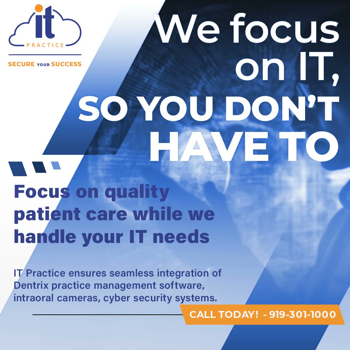 ITPractice's tweet photo. Focus on quality patient care while we handle your IT needs. 🖥️ IT Practice ensures seamless integration of Dentrix practice management software, intraoral cameras, and cyber security systems. #ITSupport #DentrixIntegration #PatientCare https://t.co/ZWAf1KMCek