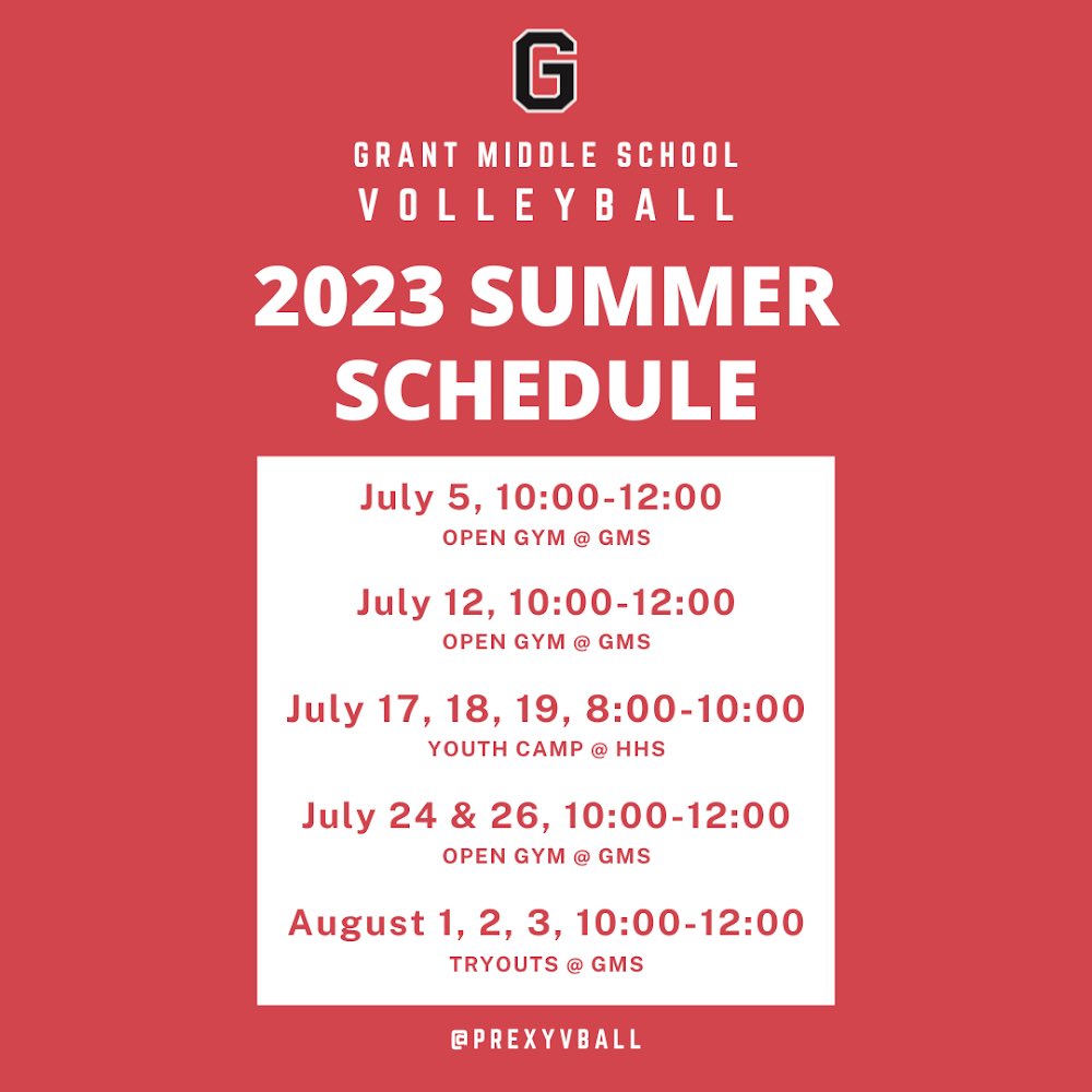 🚨 ATTN ALL GMS GIRLS ENTERING 7TH AND 8TH GRADE 🚨

Please checkout the following open gym, camp, and tryout dates! ⬇️

For additional information, follow Grant Middle School Athletics on Twitter <a href="/middle_grant/">Grant Middle School Athletics</a>! 🐦