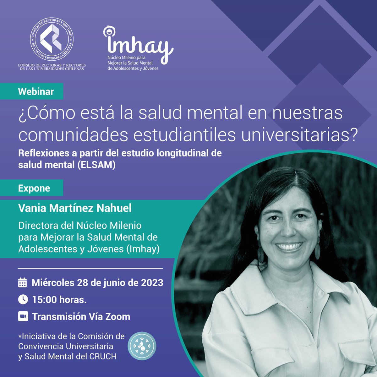 nucleoimhay's tweet photo. ¡INSCRÍBETE Y PASA EL DATO! 🗣️

El @CRUCH_cl e #Imhay @CentrosAnid invitan a esta actividad donde la Dra. Vania Martínez presentará los resultados 2020-2022 del Estudio Longitudinal de Salud Mental Universitaria #ELSAM.

🔗INSCRIPCIONES GRATUITAS EN: https://t.co/2hoQUa1t2W https://t.co/9PLui8VxUV
