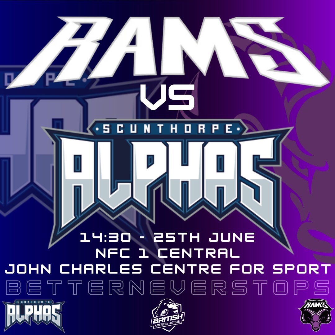 Yorkshire_Rams's tweet photo. This weekend Rams football returns to @JCCS_Leeds as we host @ScunthorpeAlpha in the return fixture of our @BAFAOfficial NFC 1 Central campaign. A huge game this week, so we hope to see as many of you there as possible.

#BetterNeverStops https://t.co/1l8ZV6GIJJ