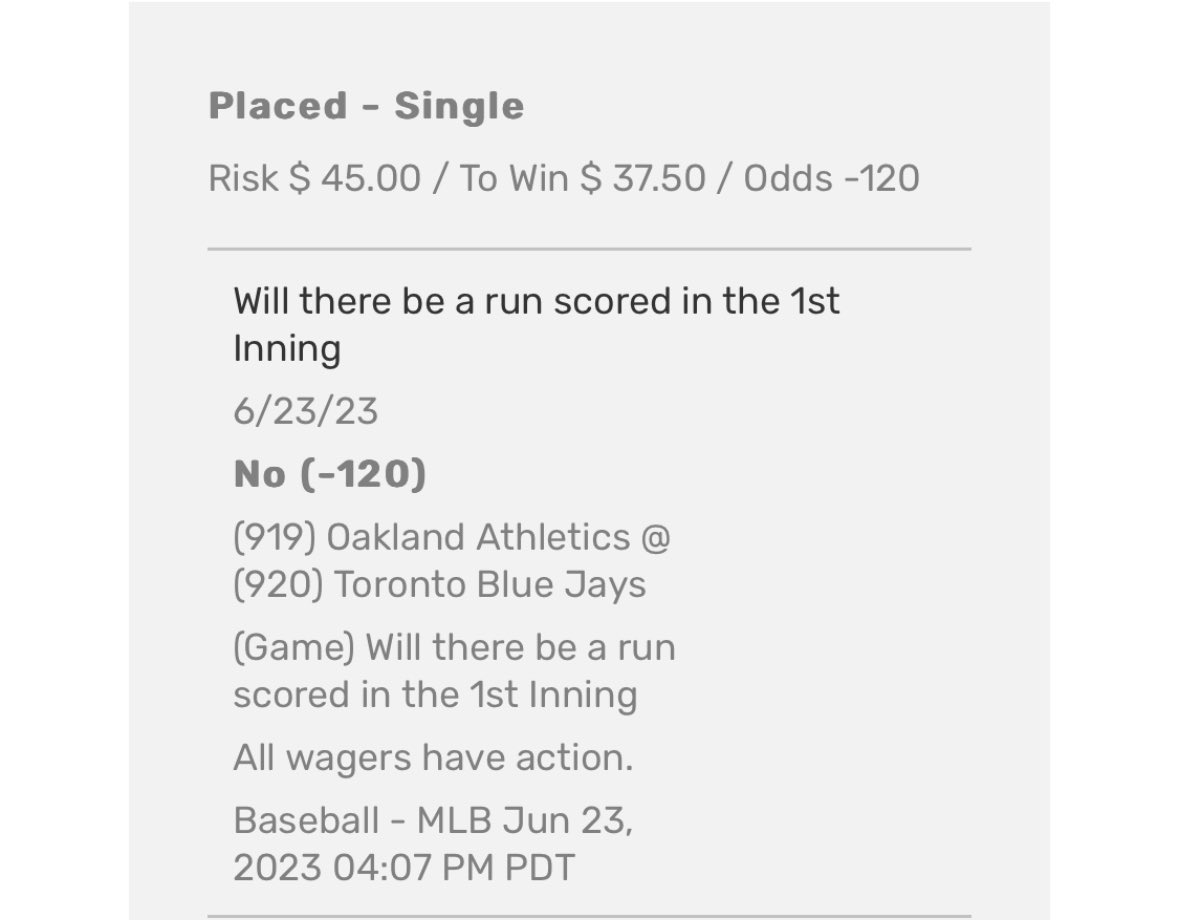 🚨DAY 2 IS HERE🚨 $25 to $1,000 🪜 

Currently at $45.
Play: Athletics/Blue Jays NRFI (-120)

We’ll be at $82.50 after today💰💰
Like if tailing along! #GamblingTwitter #MLB #NRFI #LadderChallenge