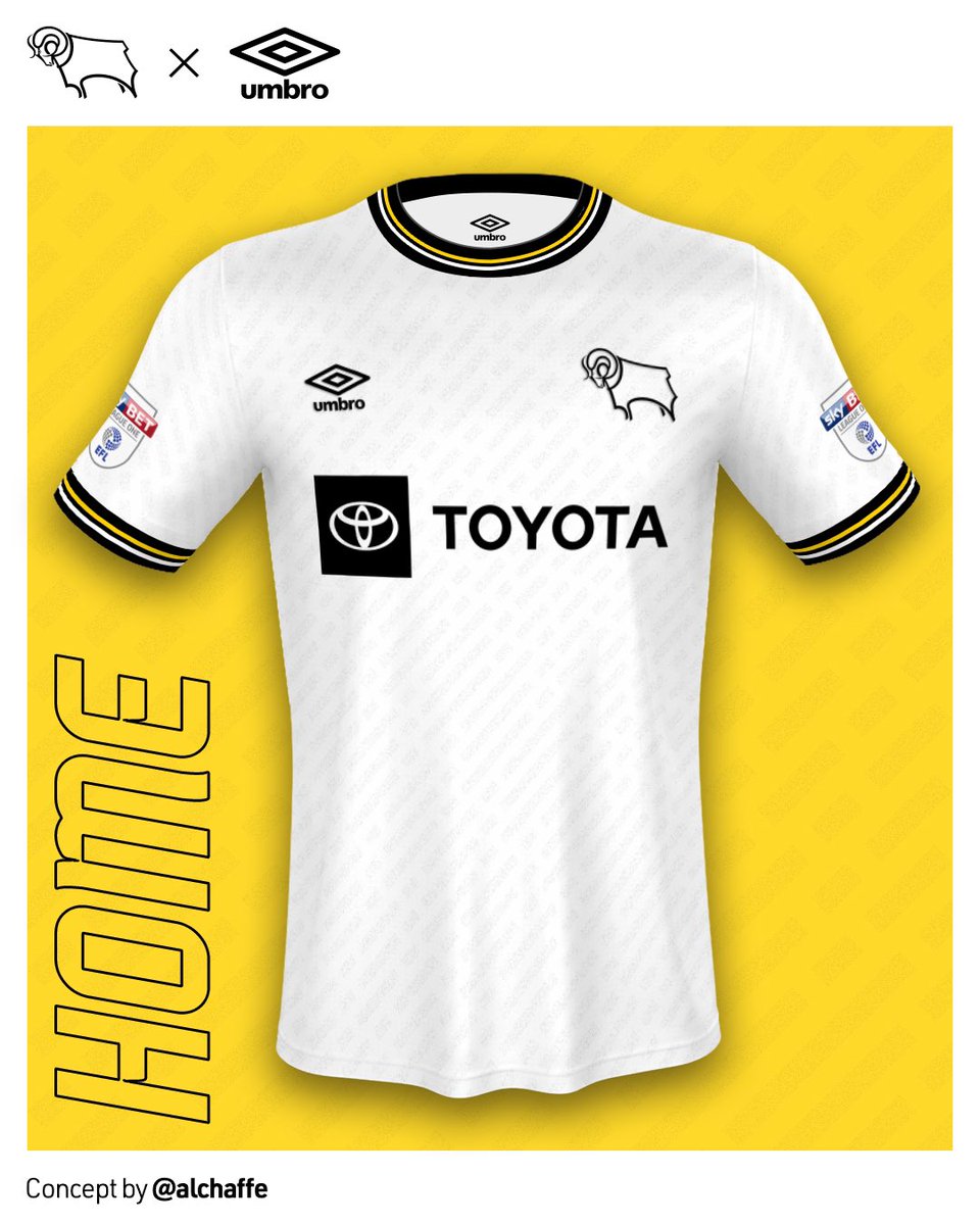 Here’s the home concept – plain, simple, with a splash of yellow to remind us all of the promotion year in 95/96 under the Bald Eagle. What do you think <a href="/Ed__Dawes/">Ed Dawes</a> <a href="/domjdietrich/">Dominic Dietrich</a> @totaldcfc <a href="/DerbyTelSport/">Derby Tel Sport</a> <a href="/ramsreview1/">Rams Review Podcast🎙🐏</a> <a href="/RJConway92/">Ryan Conway</a> <a href="/requestakit/">Request A Kit</a> 🧐 would love to know your thoughts!