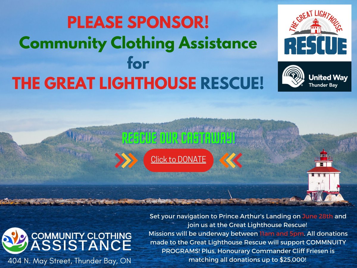 TbAssistance's tweet image. Please sponsor Community Clothing Assistance!
Donate here: canadahelps.org/s/nN67uQ

Learn the ropes here: uwaytbay.ca/event/the-grea…
It’s time to set sail for The Great Lighthouse Rescue!
#uwaytbay #greatlighthouserescue #communityclothingassistance