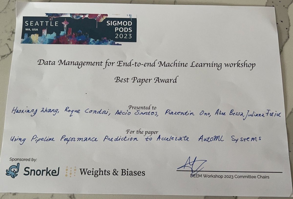 Congrats to my students for their best paper award at @deem_workshop #SIGMOD2023 for our work on ML4ML -- Using Pipeline Performance Prediction to Accelerate AutoML Systems dl.acm.org/doi/pdf/10.114…