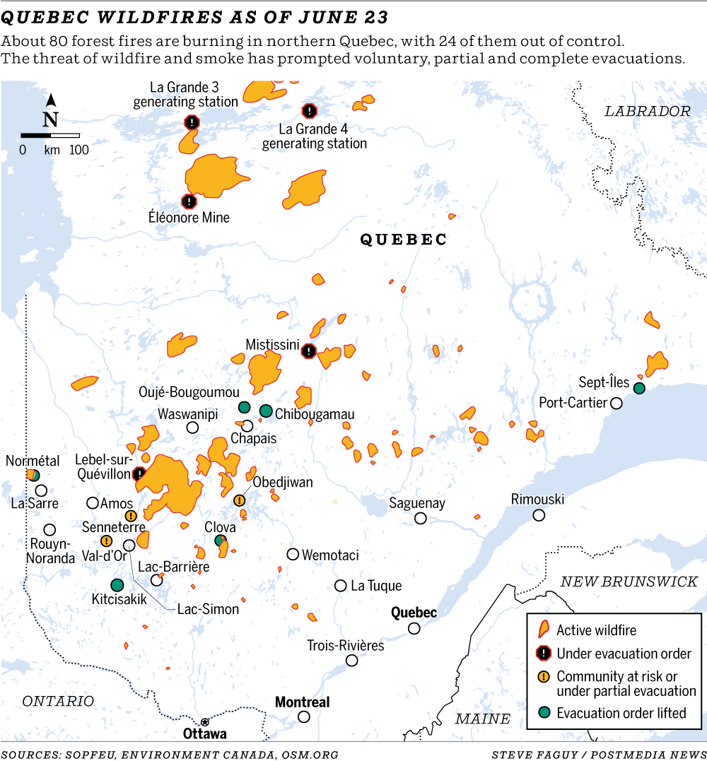 fagstein's tweet photo. Map of the day: Quebec wildfires and evacuations https://t.co/Z14H2YjK1U https://t.co/2WxDYVB7IG