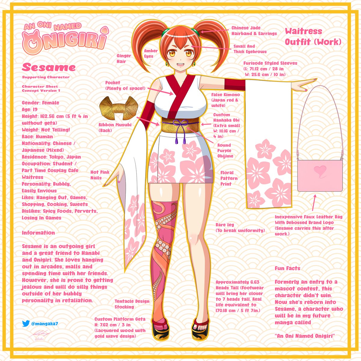 Character concept of Sesame, a character in my manga, An Oni Named Onigiri, which I'm currently building.

This was based on an old contest entry I did in August 2022. I lost the contest, but I didn't want the design to go to waste so I made Sesame. Stay tuned for more concepts!