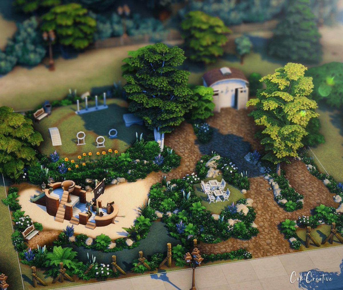 CokiCreative's tweet photo. Here’s a little dog park I made in Brindleton Bay 🐶 No cc, play tested and in the gallery under CokiCreative!

Game: @TheSims #TheSims4 #TheSims #ShowUsYourBuilds https://t.co/z3yfKC65NJ