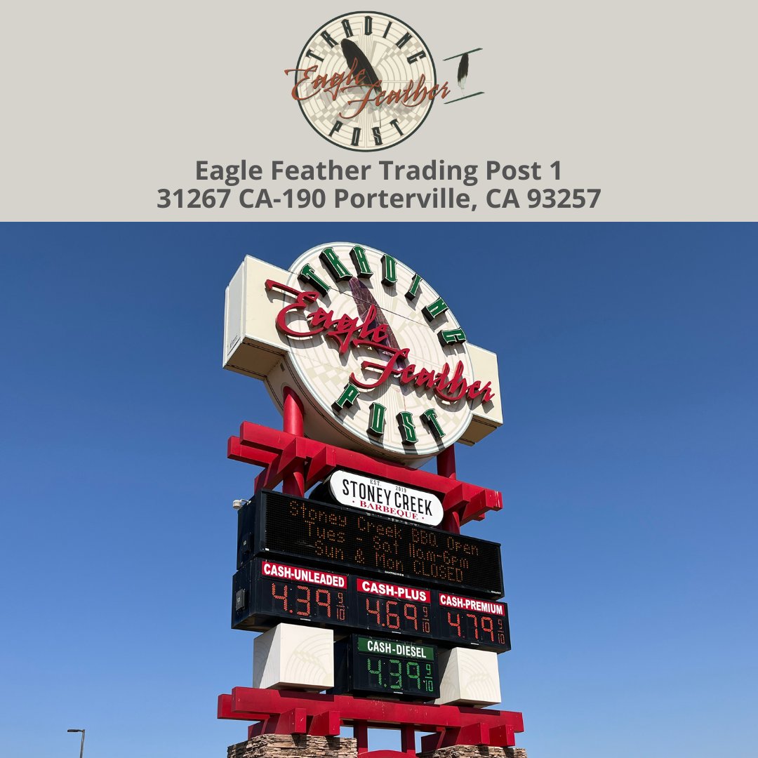 Come fill your tanks at Eagle Feather Trading Post! Our current prices as of Friday June 23, 2023 are:

Cash
$4.39 Unleaded
$4.69 Plus
$4.79 Premium
$4.39 Diesel

#EagleFeatherTradingPost
#EagleFeather
#TradingPost
#Porterville
#Gas
#Fuel
#FillYourTank