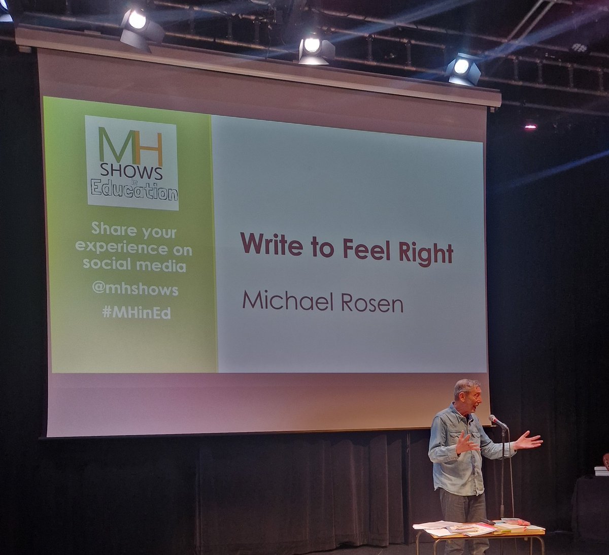 team_plume's tweet photo. Wonderful day at the Mental Health in Education Show #MHinEd Really inspirational seminar by Michael Rosen about the benefits of writing to support Wellbeing 💙 Mrs Ollett managed to get a signed copy of his books for our library too 😀 https://t.co/H2qFlwb4g2
