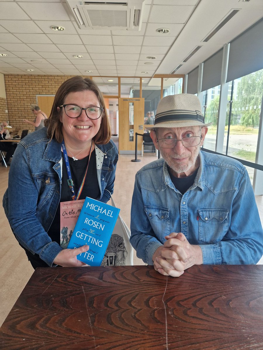 team_plume's tweet photo. Wonderful day at the Mental Health in Education Show #MHinEd Really inspirational seminar by Michael Rosen about the benefits of writing to support Wellbeing 💙 Mrs Ollett managed to get a signed copy of his books for our library too 😀 https://t.co/H2qFlwb4g2