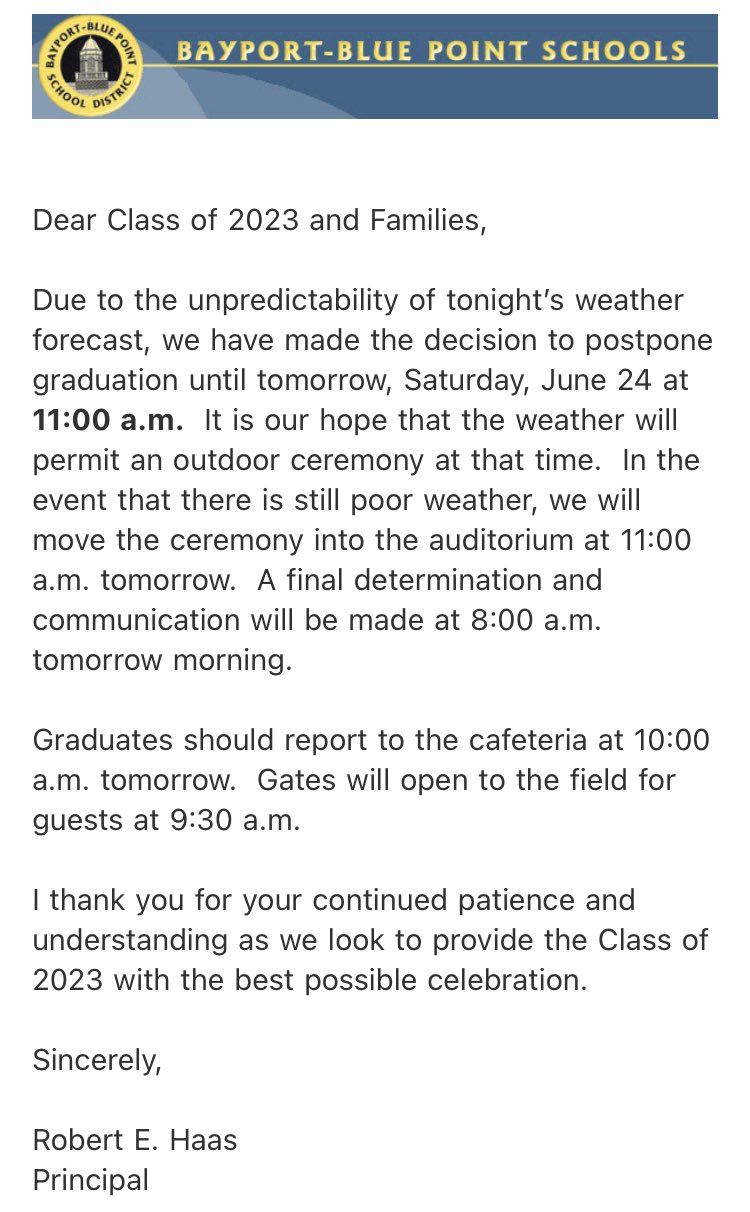 BayportBlue Point on Twitter "**Graduation Update** The ceremony has been moved to tomorrow