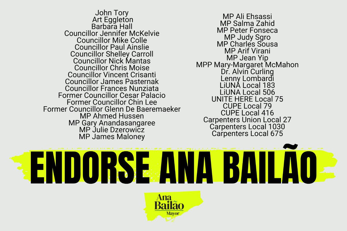 anabailaoTO's tweet photo. Toronto's Mayor must be both a leader and a consensus-builder. I’m proud to have the endorsements of:
✔️Former Mayors
✔️City Councillors
✔️Members of Parliament
✔️Business Leaders
✔️Labour and Community Organizations
✔️Workers and residents
I'm thankful for their support and I look forward to working together to serve Torontonians across the city.
Join us: https://t.co/ywOtWjTBGz