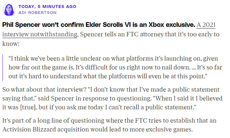 Phil Spencer Drops A Bombshell About The Elder Scrolls VI At FTC Hearing