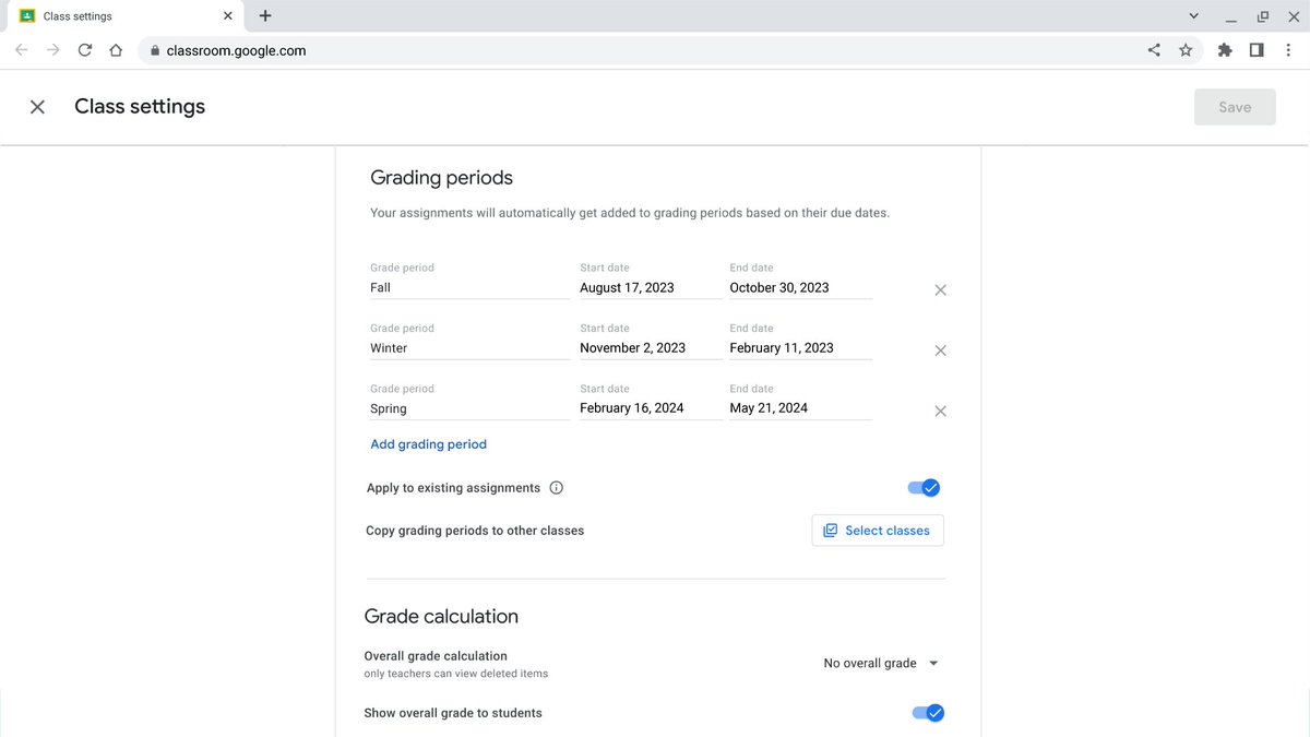 #GoogleClassroom has a new tool to help educators plan, organize, and analyze assignments and grades by quarters, semesters, or terms. Grading periods will be available in #GoogleWorkspaceEdu Plus and the Teaching and Learning Upgrade. 
Learn more → goo.gle/43UX2lg