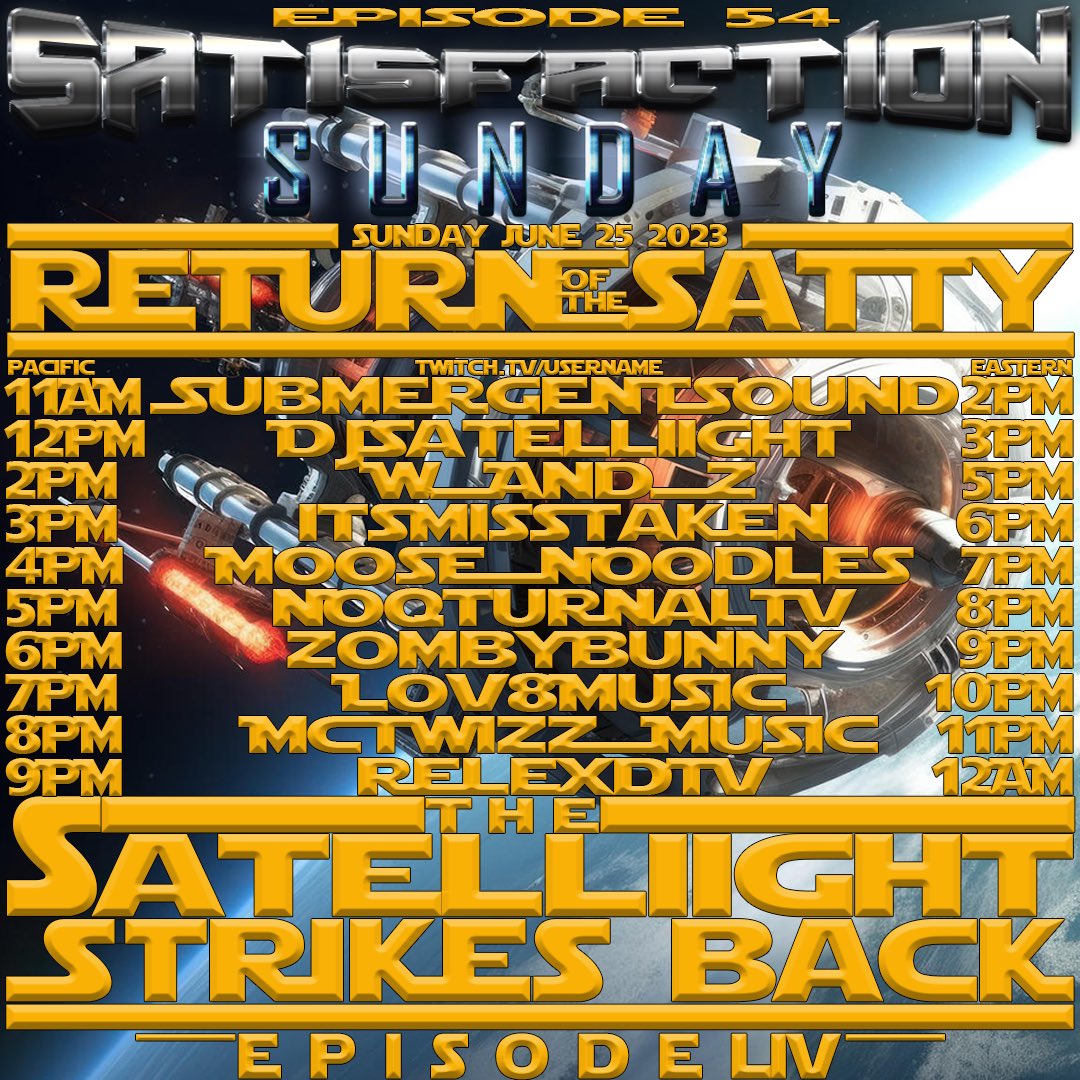 This Sunday, June 25th we are back for another Satisfaction Sunday raid train on twitch. Episode 54! I’ll be on at 6PM Eastern Time/ 3PM Pacific Time. 

#dj #edm #openformat #twitch #satisfactionsunday #raidtrain #dubstep #drumandbass #housemusic #deepdubstep #midtempo