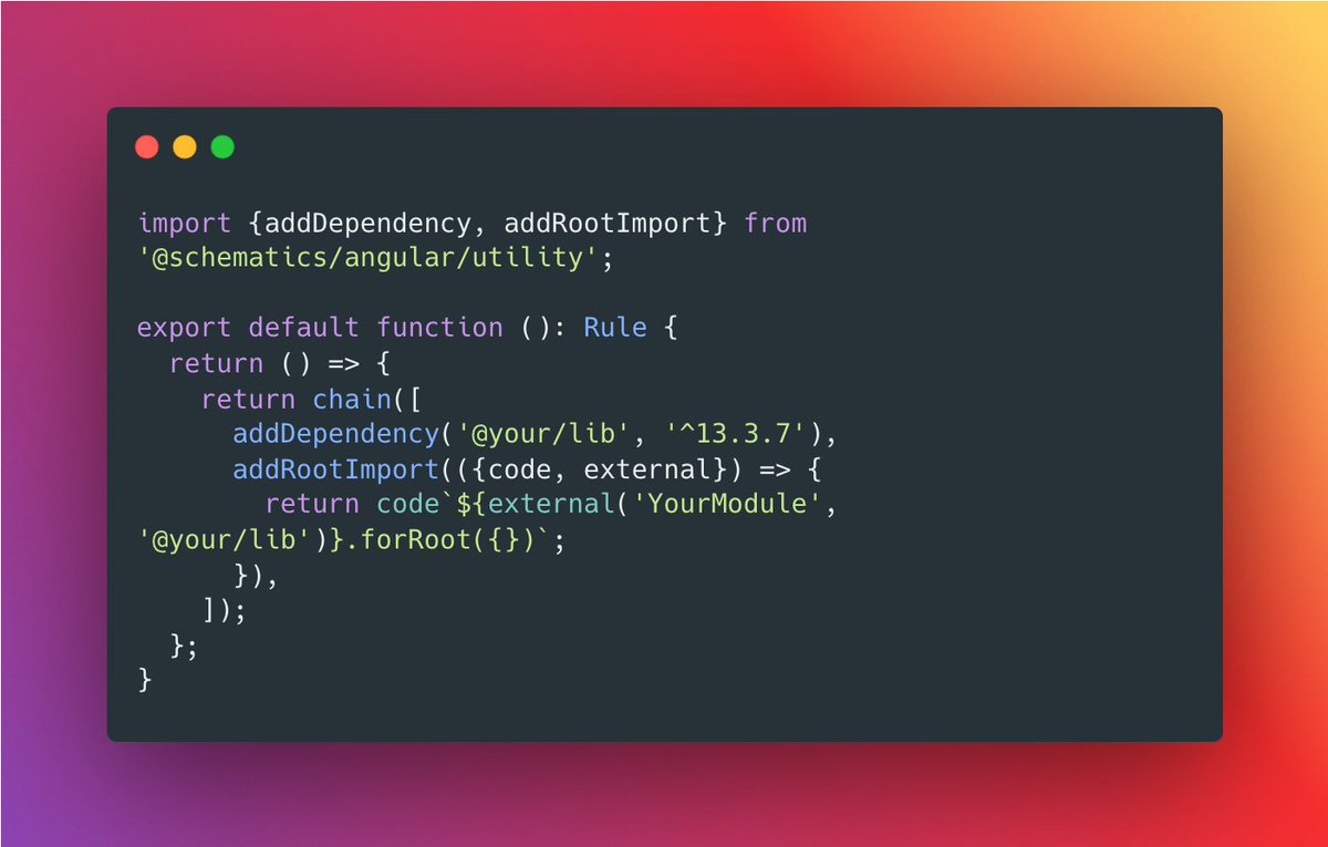 Angular 16.1 adds APIs for authoring bootstrap-agnostic ng add schematics.

They work across both standalone and NgModule-based layouts.

You can:
- Add root imports.
- Add root providers.
- Add dependencies to package.json.