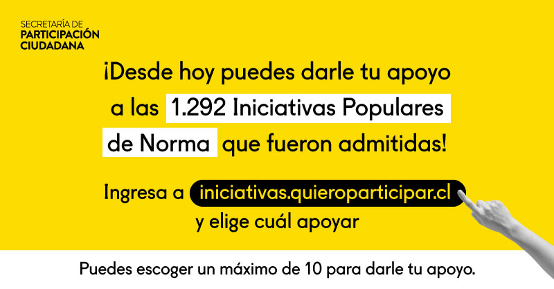 ¡Ya puedes apoyar y firmar las Iniciativas Populares de Norma publicadas! Entra a iniciativas.quieroparticipar.cl, ingresa al capítulo del anteproyecto que te interesa, o ingresa la temática de interés en el buscador para encontrar las iniciativas.