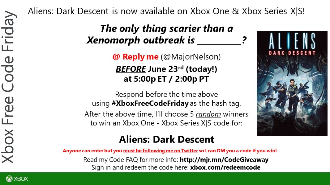 majornelson's tweet image. XboxFreeCodeFriday time. Read this and you could win a code for #AliensDarkDescent on Xbox One - Xbox Series X|S. Good luck!