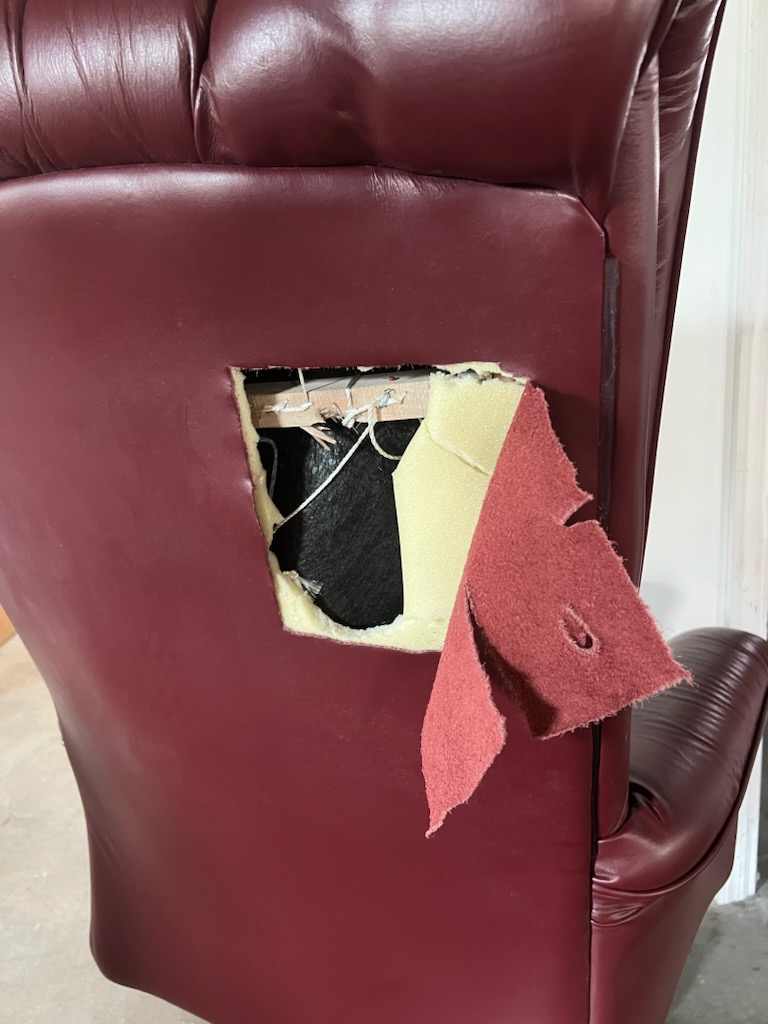 MikeJones412's tweet photo. Uniontown police provided this photo of Judge Linda Cordaro's chair that was struck by a stray bullet while she was sitting in her chambers Thursday. The bullet ricochetted off a book and then struck a wooden brace before falling into the backing of the chair. She was uninjured. https://t.co/zatL7m7ZTt