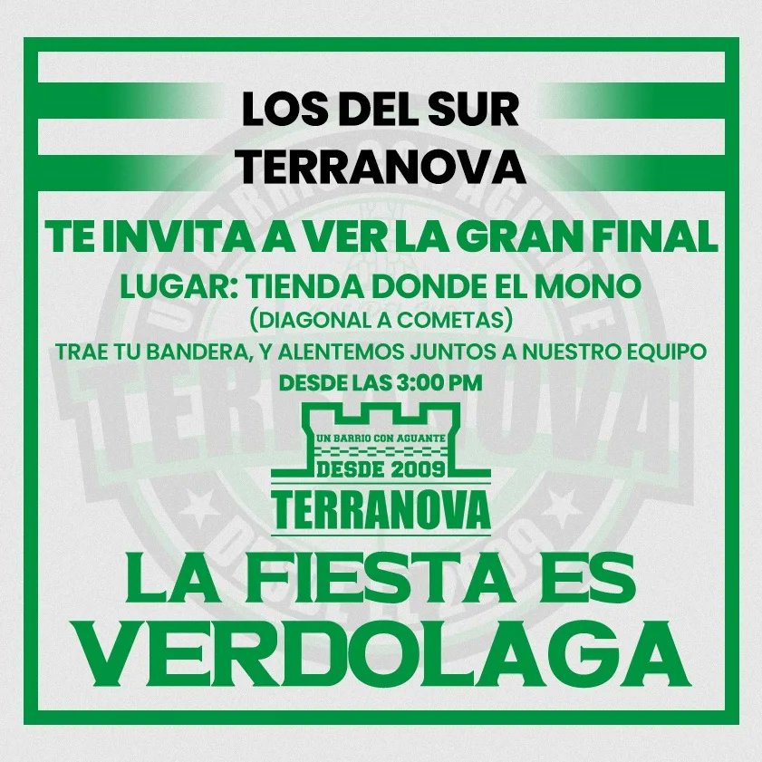 LDSTerranova's tweet photo. LA FIESTA ES VERDOLAGA.

Verdolaga, te invitamos a compartir este 24 de junio la gran final, trae tu bandera, trae tu colorido, y vivamos esta final como en la tribuna. Todos están cordialmente invitados.

NIQUIA TERRANOVA. https://t.co/lhVry2sElA