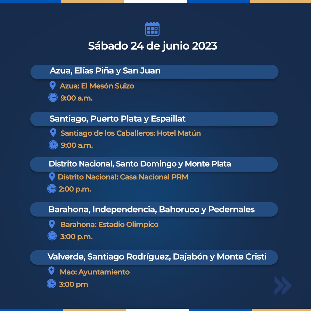 PRM_Oficial's tweet photo. Conoce los puntos de los encuentros regionales de socialización de nuestra Comisión Nacional de Elecciones Internas (CNEI) con aspirantes, a realizarse este sábado 24 y domingo 25 de junio. 

➡️Desliza para saber las provicias convocadas, hora y lugar exacto de cada encuentro. https://t.co/bFNllA1fSu