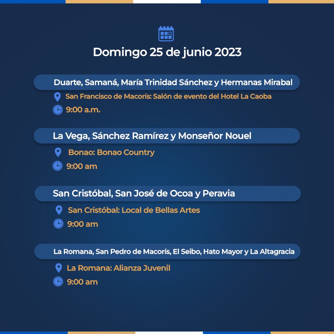 PRM_Oficial's tweet photo. Conoce los puntos de los encuentros regionales de socialización de nuestra Comisión Nacional de Elecciones Internas (CNEI) con aspirantes, a realizarse este sábado 24 y domingo 25 de junio. 

➡️Desliza para saber las provicias convocadas, hora y lugar exacto de cada encuentro. https://t.co/bFNllA1fSu